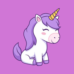 Cute White Unicorn Sitting on Purple Background with Golden Horn
