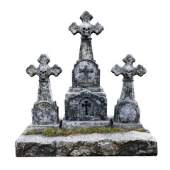 Obraz premium Three gravestones with skulls and crosses, set against a png transparent.