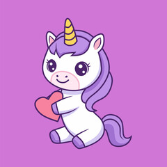 Cute Cartoon Unicorn Holding Pink Heart on Lavender Background