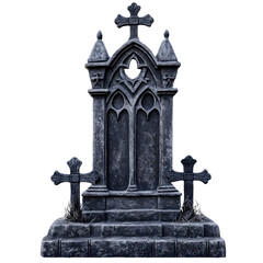 Obraz premium A Gothic-style tombstone with a cross on top and a stone base with grass and moss.