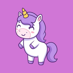 Cute White Unicorn with Lilac Mane Standing on Pink Background