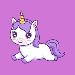 Cute White Unicorn Lying Down with Purple Mane on Lilac Background