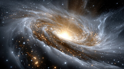 Obraz premium Stunning view of galaxy with swirling stars and bright light at center, evoking sense of wonder and mystery in cosmos