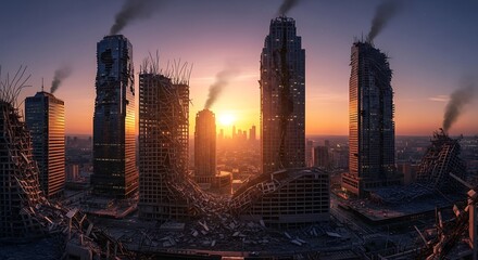 Ruined Skyscrapers in a City at Sunset with Smoke apocalypse destruction