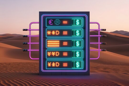 Neon currency exchange board in a desert landscape
