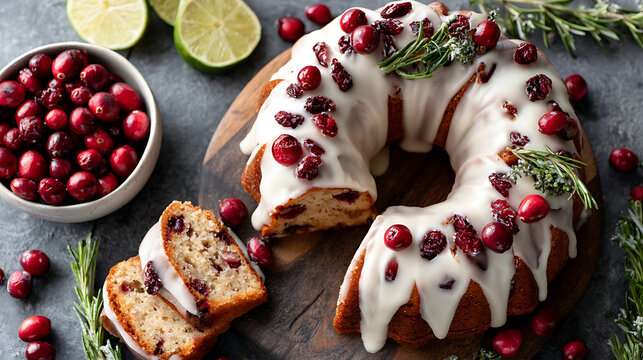 Flat lay of cranberry-orange bundt cake with icing drizzle, surrounded by winter greens and berries for charming festive dessert visuals.