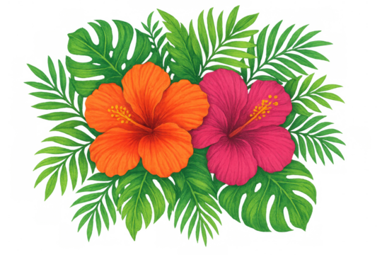 Hand drawing tropical flowers and leaves, blooming hibiscus with monstera palm foliage, transparent background - Powered by Adobe