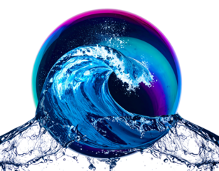 A vibrant wave crashes against a colorful sphere, creating an illusion