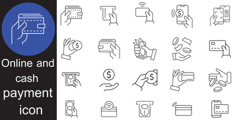 payment methods icons set collation. outline icons related to online and cash payment methods. Money transaction, money  transfer, credit card, cash and online payment symbol. Vector illustration.