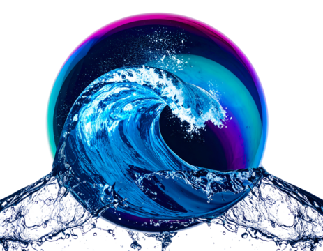 A vibrant wave crashes against a colorful sphere, creating an illusion