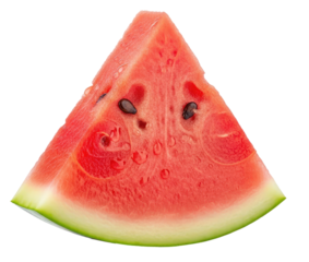 A slice of watermelon with a green rind and red flesh, isolated on a png transparent.