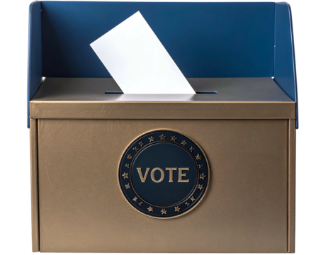 A ballot box, gold-toned with a blue top and a paper being inserted - Powered by Adobe