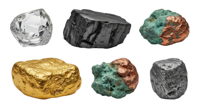 A collection of various minerals and rocks on a png transparent.