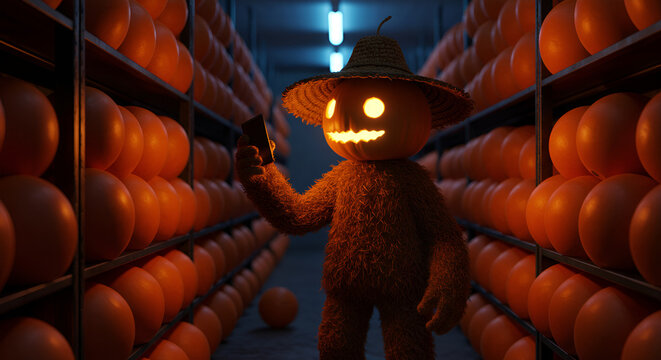 A glowing pumpkin-headed scarecrow explores a vast, dimly lit warehouse filled with countless orange gourds, creating an eerie Halloween atmosphere. - Powered by Adobe