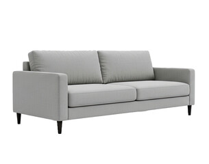 A modern, light gray sofa with dark wooden legs and a minimalist design.