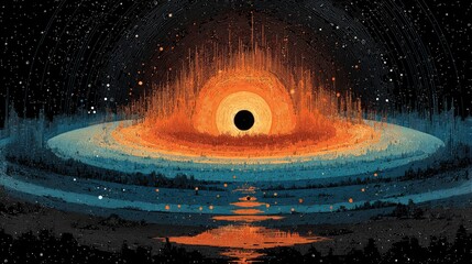 Stunning cosmic black hole illustration with vibrant orange and blue hues, perfect for science documentaries, educational materials, and futuristic space exploration projects