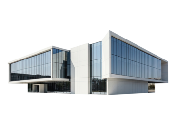 A modern office building with large glass windows and a white facade.