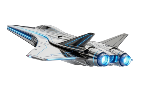 A futuristic, sleek spaceship with blue and black accents, flying in a white, open space with a png transparent.