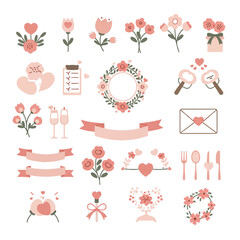 Romantic Wedding and Love Themed Floral Icons Collection.