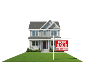 A house with a red and white for sale sign in front of it.