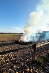 Fototapeta premium Controlled Burn Strategic fire used for land management and ecological restoration. A wide shot of a controlled grass fire in a rural landscape. A visible smoke plume rises in the distance. The fire