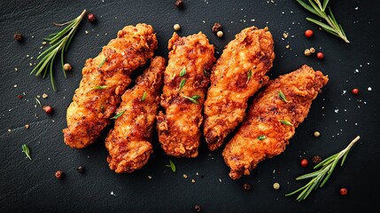 Crispy fried chicken tenders on a matte black background