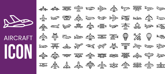 Collection of diverse aircraft icons and symbols representing different types of airplanes and aviation concepts © RahimAhmed
