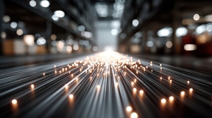 A visualization of data lines converging from a warehouse in a modern graphic design.