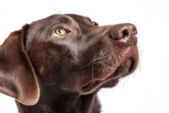 Close-up of a chocolate Labrador Retriever's head, looking upward