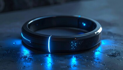 Futuristic wearable with a dark band and illuminated blue details