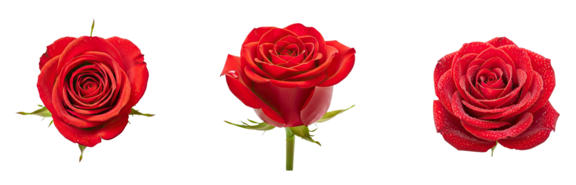 Collection of red roses with water droplets on them.