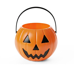 A pumpkin-shaped Halloween candy bucket with a black handle and a carved face on a white background.