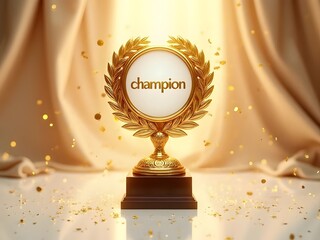A gleaming golden champion trophy, detailed with a laurel wreath, is centered on a dark base, horizontal composition. Sparkling confetti surrounds it, enhancing the opulent, celebratory scene.