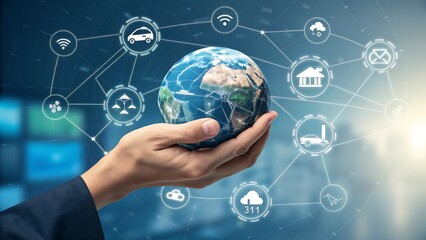 A hand holds a globe with internet of things icons, representing global network connection, data exchange, and smart technology integration