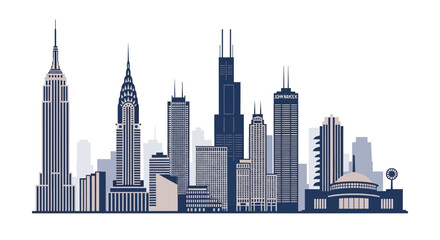 Fototapeta premium A stylized illustration of a composite American city skyline featuring iconic skyscrapers from New York and Chicago.