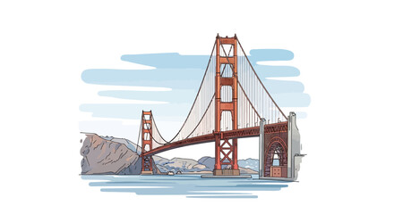 Illustration of the Golden Gate Bridge in San Francisco, California, with blue sky and water.