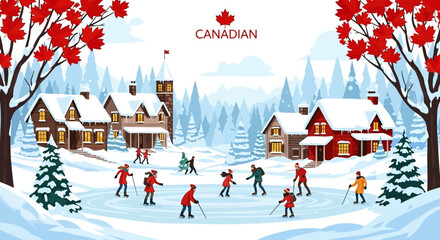 A festive Canadian winter village scene with people ice skating on a frozen pond surrounded by snowy houses and red maple trees.