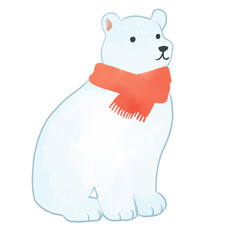 Winter illustration of a polar bear wearing a red scarf