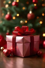 A festive pink gift box with a shimmering red bow sits before a beautifully blurred Christmas tree, vertical composition. Golden lights and red ornaments create a warm, inviting holiday atmosphere.