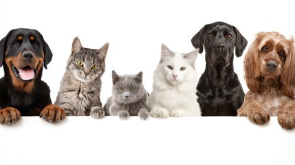 Obraz premium Group of dogs and cats playfully arranged above white banner, showcasing mixed pets in harmonious companionship for pet businesses, animal welfare, and veterinary services
