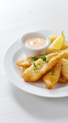 Fish and Chips with Dipping Sauce on Plate