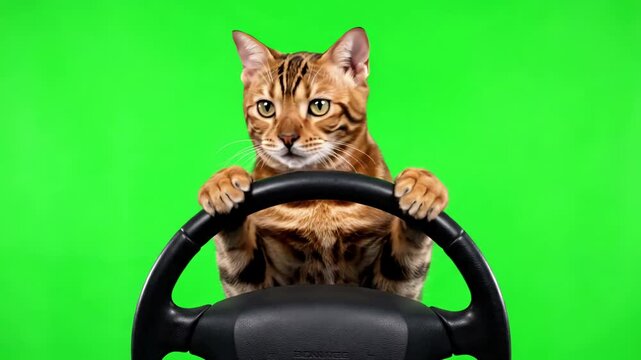 Animal Humor with cat sitting behind a steering wheel facing forward on green screen isolated chroma key real shot bengal driving car distortion, overlay, glitch, static noise, scan lines black