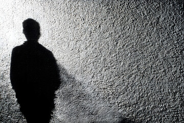 Shadowy Encounter: A solitary figure casts a striking silhouette against a textured wall, the interplay of light and shadow amplifying the scene's mood.