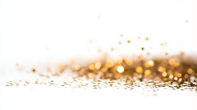 Golden bokeh points scattered on white background with sparkling spray effect and ample copy space for text, ideal for festive designs, luxury branding, and elegant promotional materials