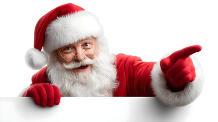 Naklejka premium Cheerful Santa Claus with Glasses and Red Hat Pointing at Camera