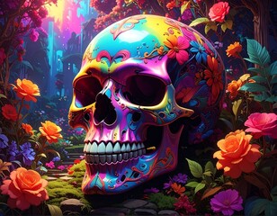 A vibrantly decorated skull sits in a floral garden with colorful roses