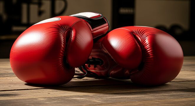 Red boxing gloves resting on wooden table in gym setting  