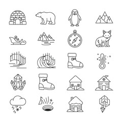 Collection of Nature and Wildlife Linear Icons, Including Polar Bear, Mountain, Forest, Cloud, Rain, Tree, and Landscape.