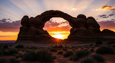 A majestic rock formation resembling a natural arch, with a vibrant sunset in the background.