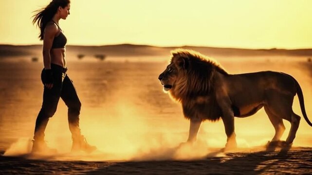 A courageous and mentally strong woman with a powerful, fit body fearlessly facing a roaring lion in a desert scene, symbolizing the power, confidence, and inner strength of womanhood, courage to take
